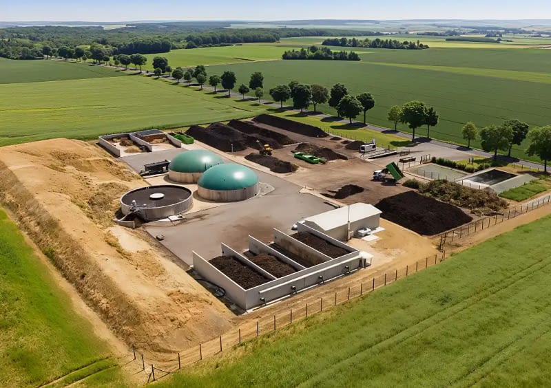 Vue aérienne d'un site de méthanisation